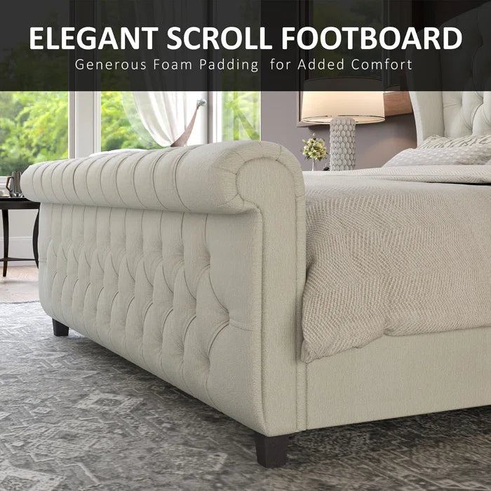 Velvet Sleigh Bed with Scroll Wingback Headboard – A Luxurious Touch for Your Bedroom