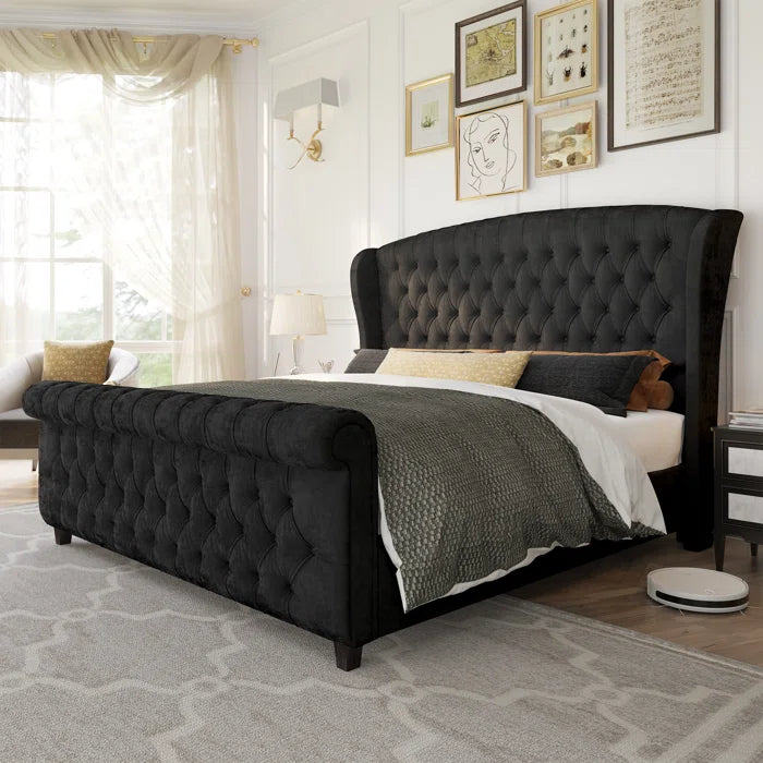Velvet Sleigh Bed with Scroll Wingback Headboard – A Luxurious Touch for Your Bedroom