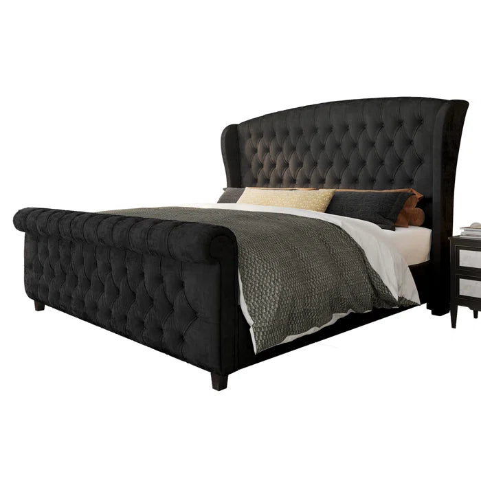 Velvet Sleigh Bed with Scroll Wingback Headboard – A Luxurious Touch for Your Bedroom