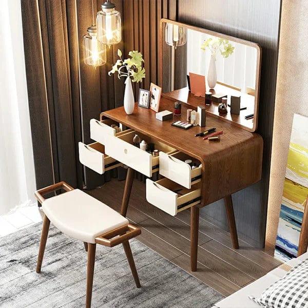 Makeup Vanity Table with Mirror, Dressing Table with 5 Drawers, Modern Wood Bedroom Vintage Dressing Table for Women Girls - Ouch Cart 
