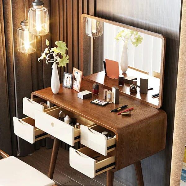 Makeup Vanity Table with Mirror, Dressing Table with 5 Drawers, Modern Wood Bedroom Vintage Dressing Table for Women Girls - Ouch Cart 