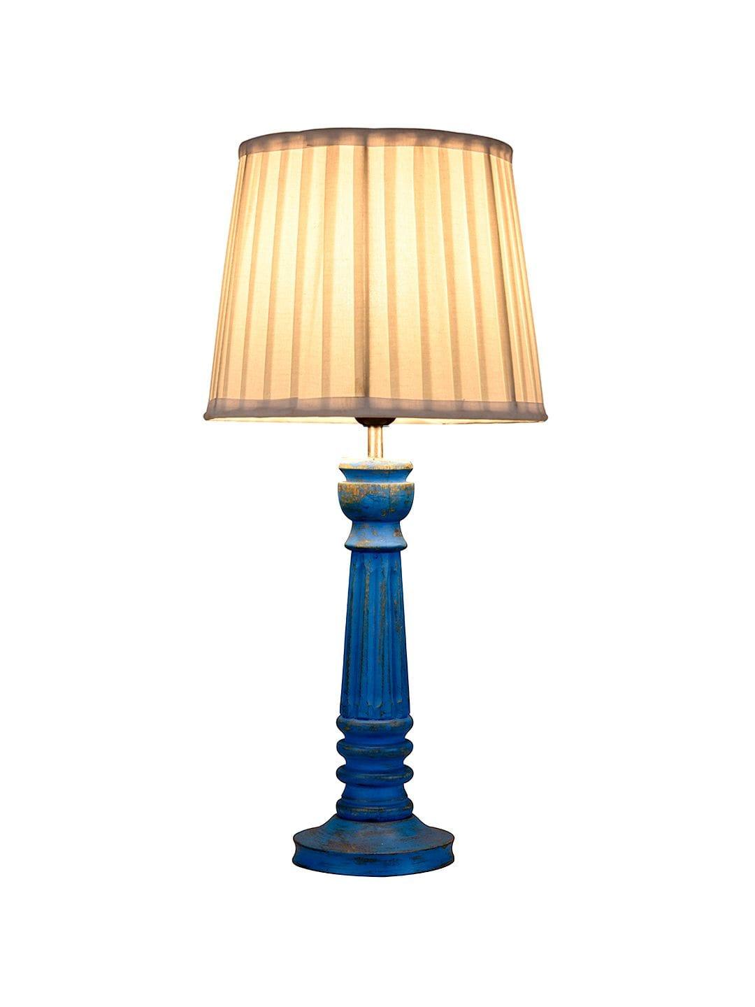 Wooden Pillar Blue lamp with pleeted White Soft Shade - Ouch Cart 