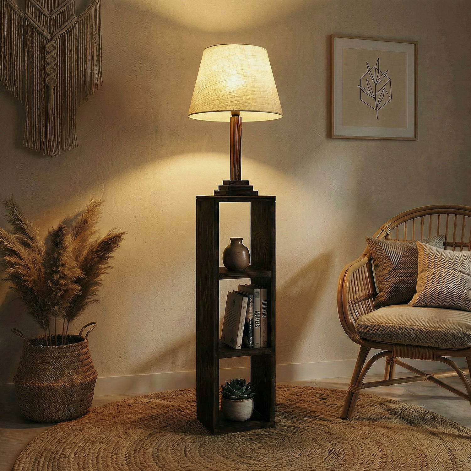 Ebenezer Wooden Floor Lamp with Brown Base and Beige Fabric Lampshade (BULB NOT INCLUDED)