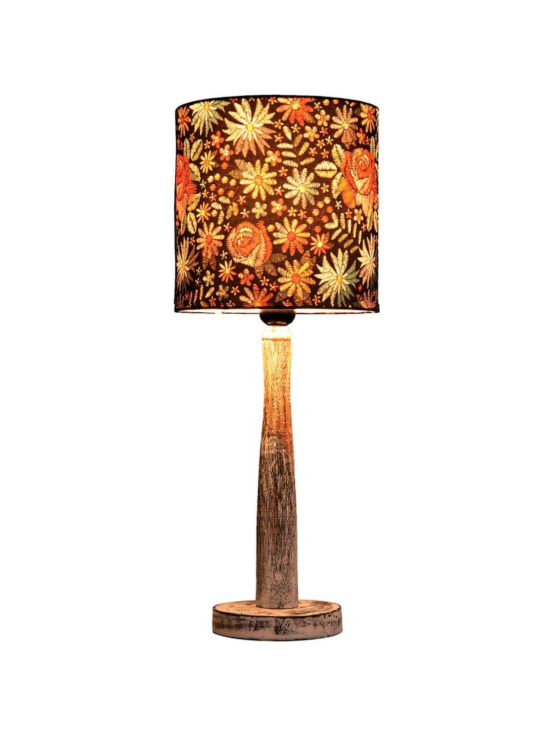 Distress White Wooden Lamp with Black Floral Stitch Shade - Ouch Cart 