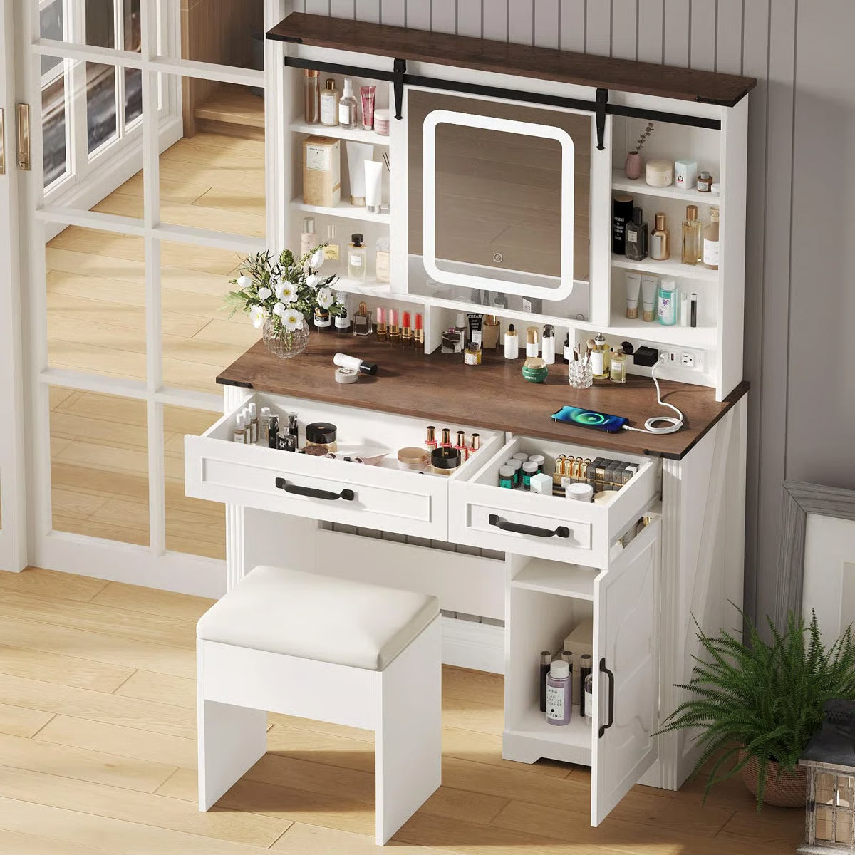 Ekleberry Vanity – Modern Makeup Desk with LED Mirror, Storage Drawers & Stylish Design