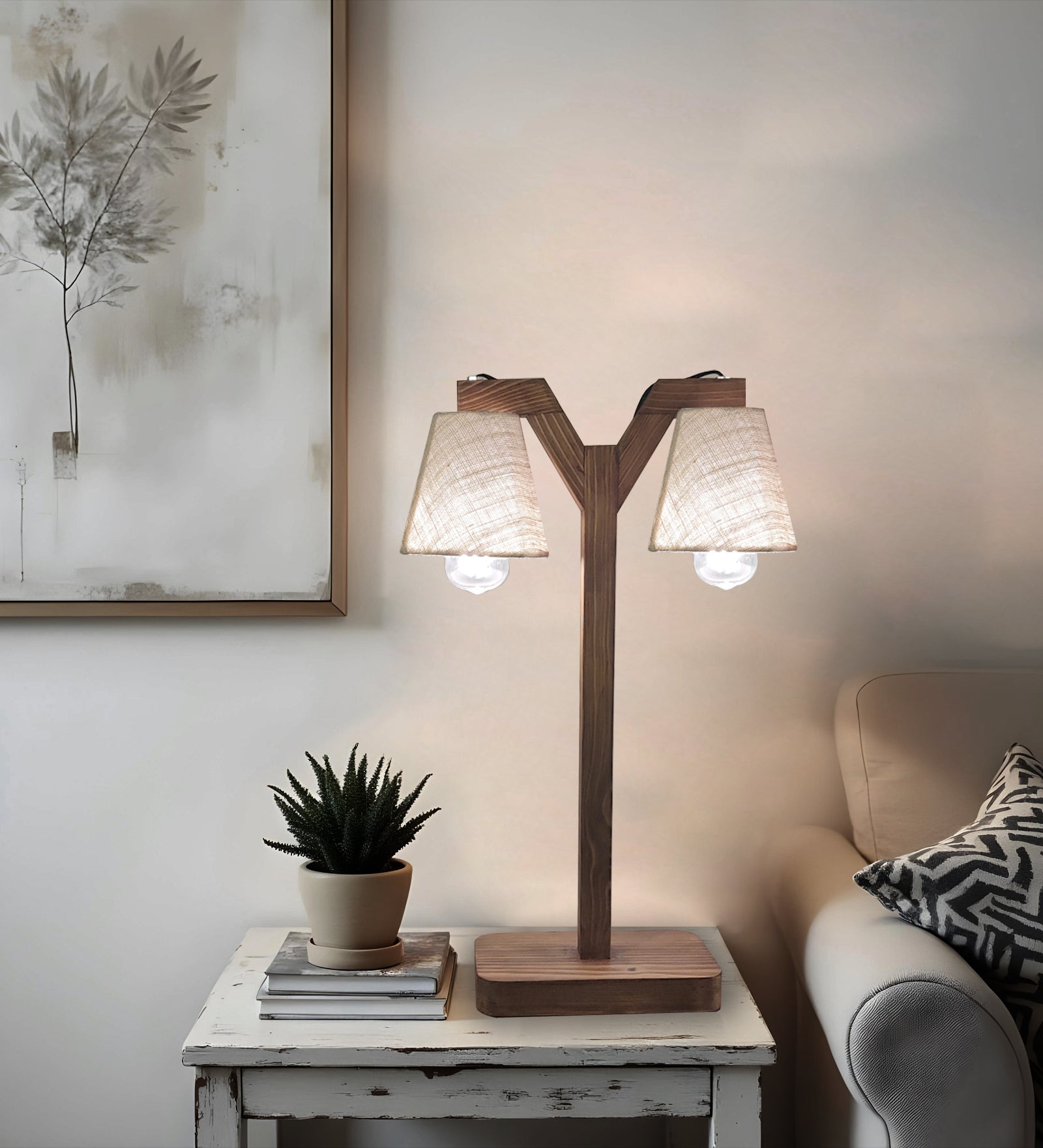 Elania Wooden Table Lamp with Brown Base and Premium White Fabric Lampshade (BULB NOT INCLUDED)