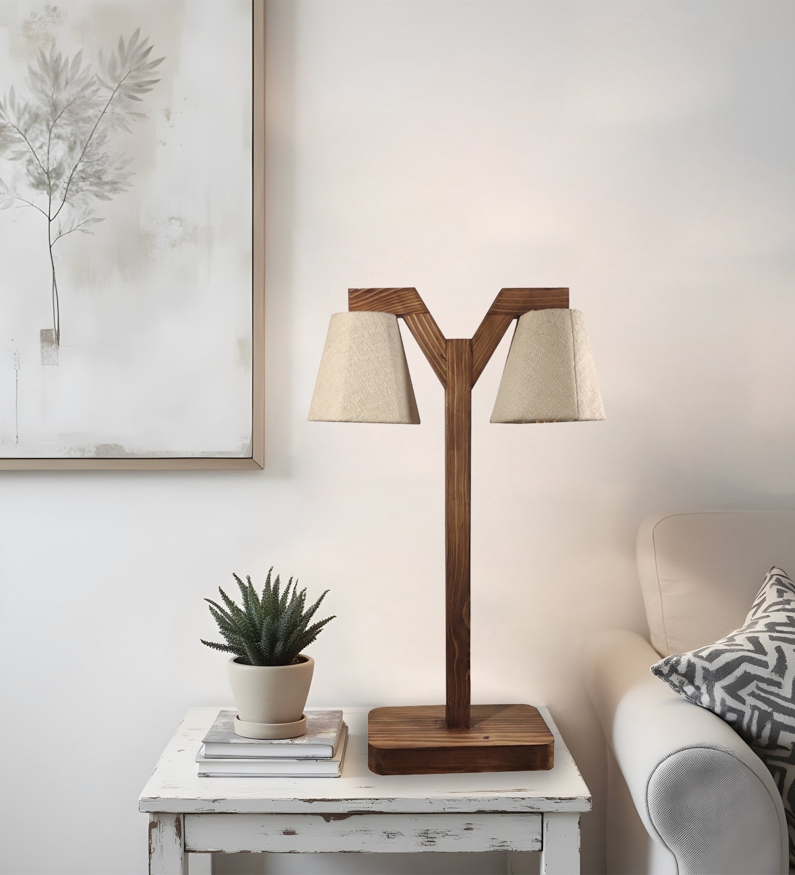 Elania Wooden Table Lamp with Brown Base and Premium White Fabric Lampshade (BULB NOT INCLUDED)