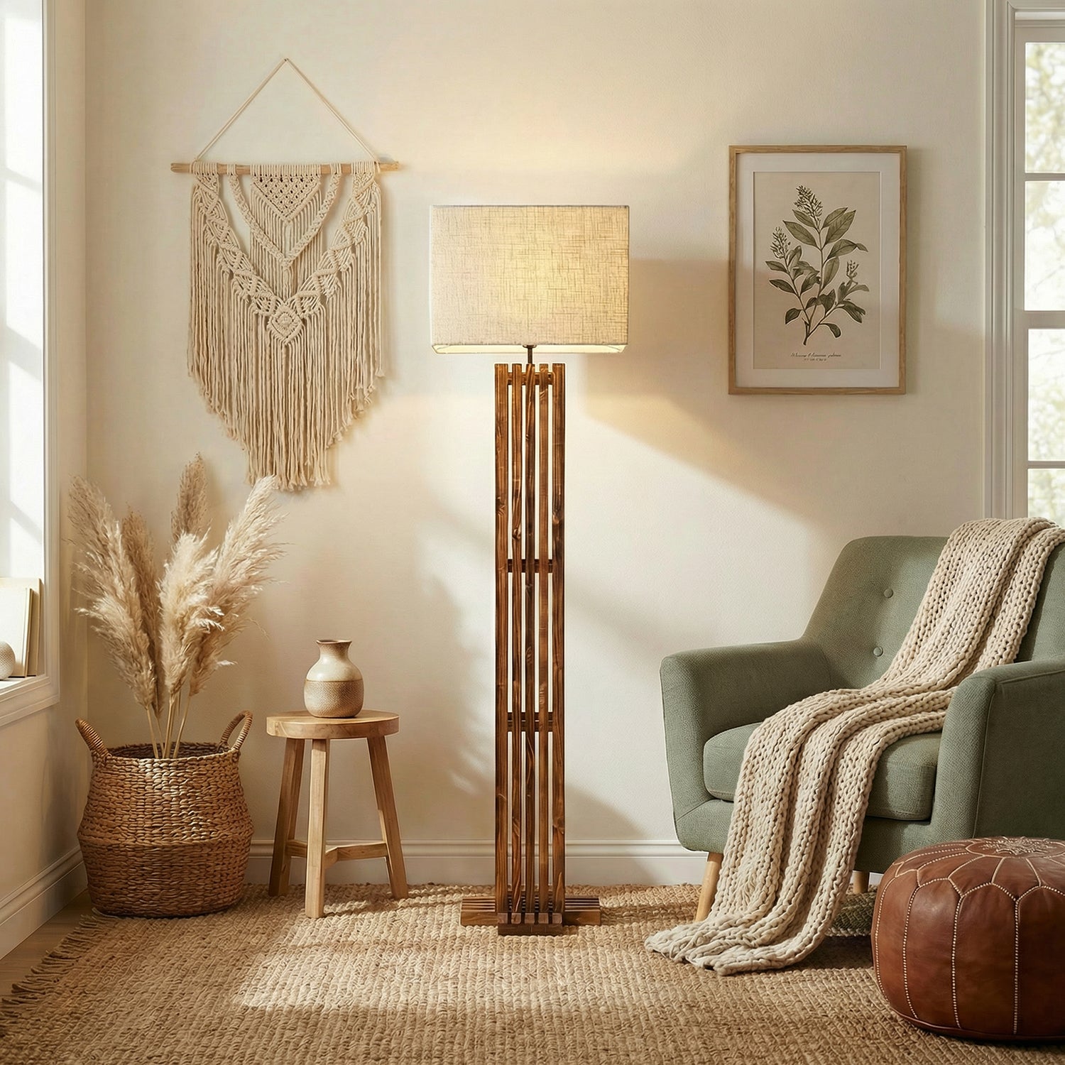 Elegant Wooden Floor Lamp with Brown Base and Beige Fabric Lampshade (BULB NOT INCLUDED)