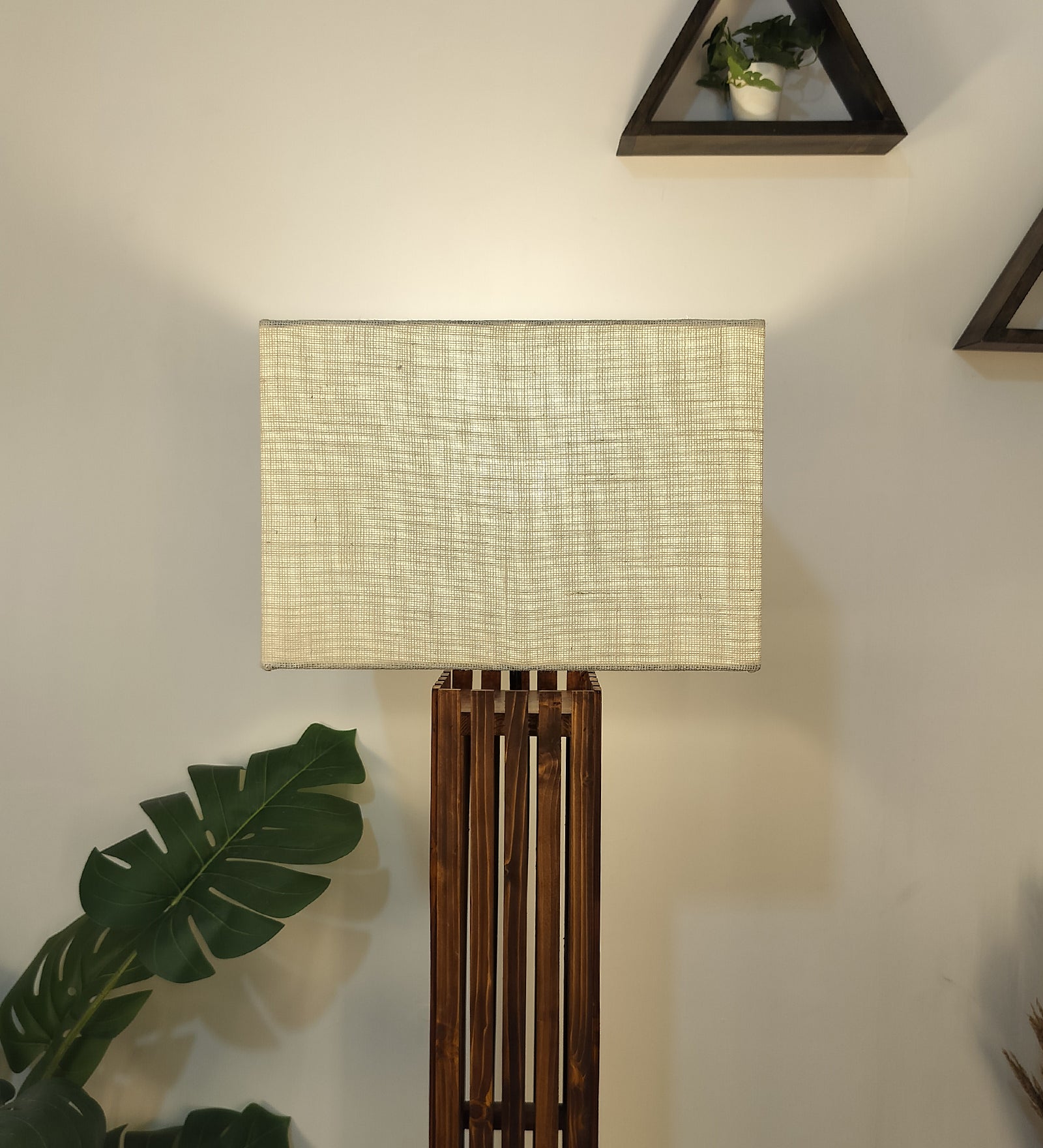 Elegant Wooden Floor Lamp with Brown Base and Beige Fabric Lampshade (BULB NOT INCLUDED)