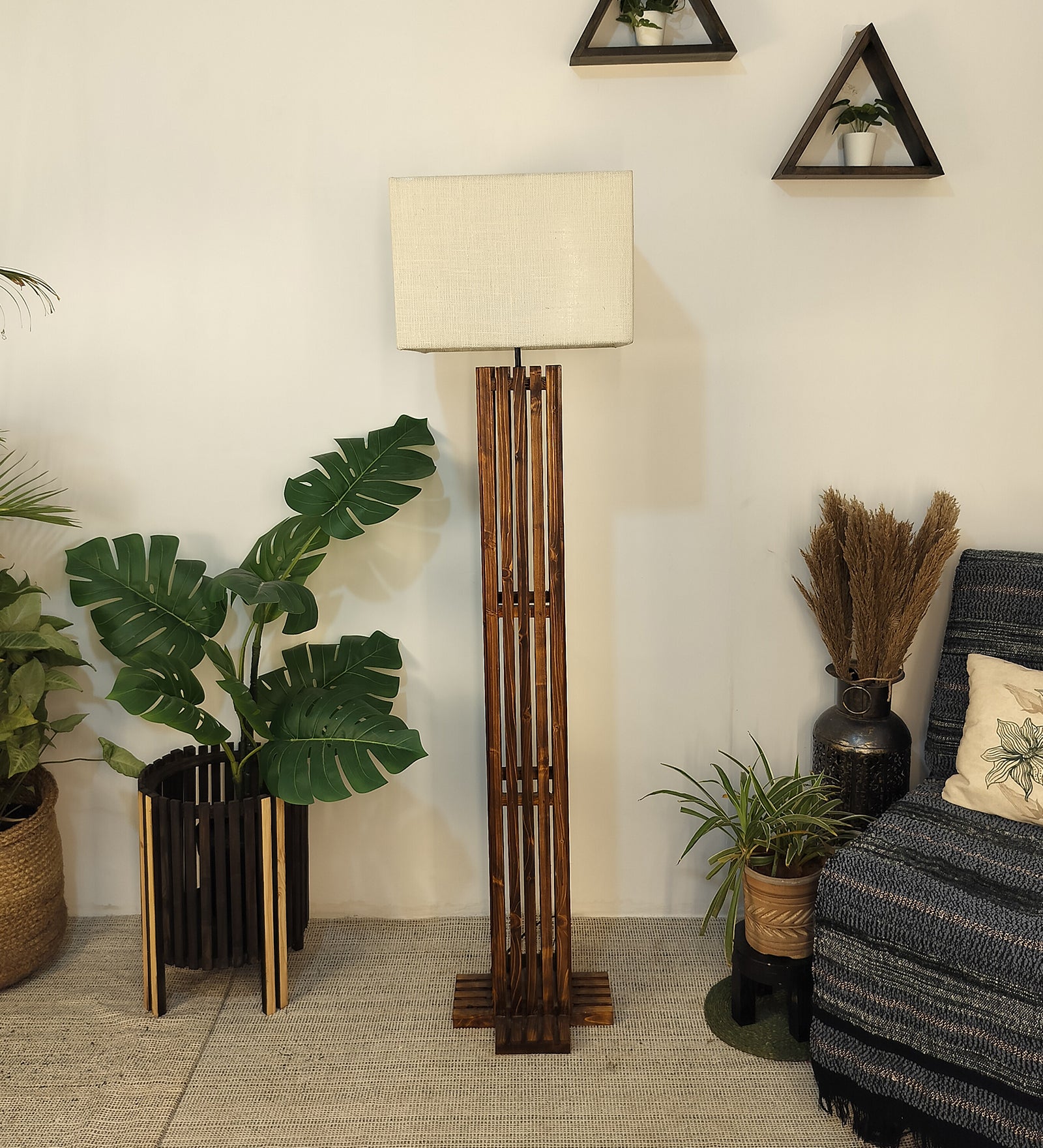 Elegant Wooden Floor Lamp with Brown Base and Beige Fabric Lampshade (BULB NOT INCLUDED)