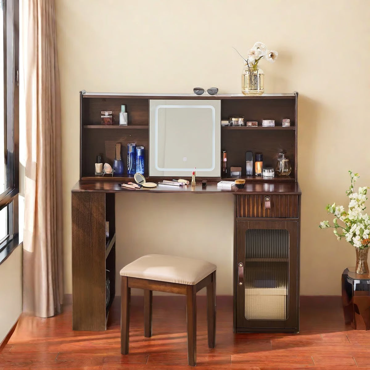 Makeup Vanity Desk with Adjustable Sliding LED Mirror – Elegant Design, Drawer, Display Shelves & Stool