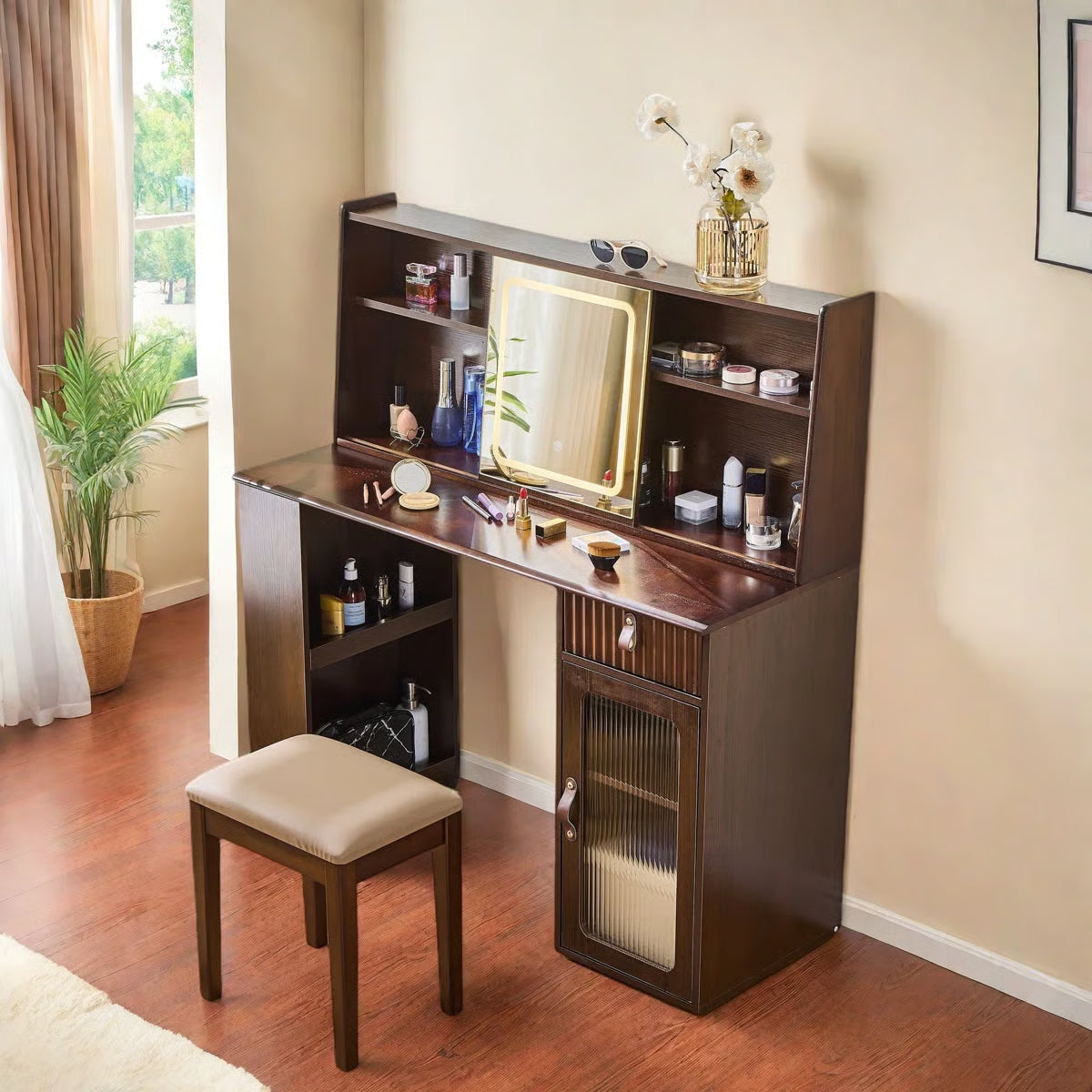 Makeup Vanity Desk with Adjustable Sliding LED Mirror – Elegant Design, Drawer, Display Shelves & Stool