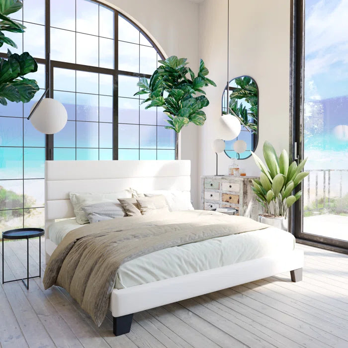 Platform Bed with Fabric Upholstered Headboard and Wooden Slats