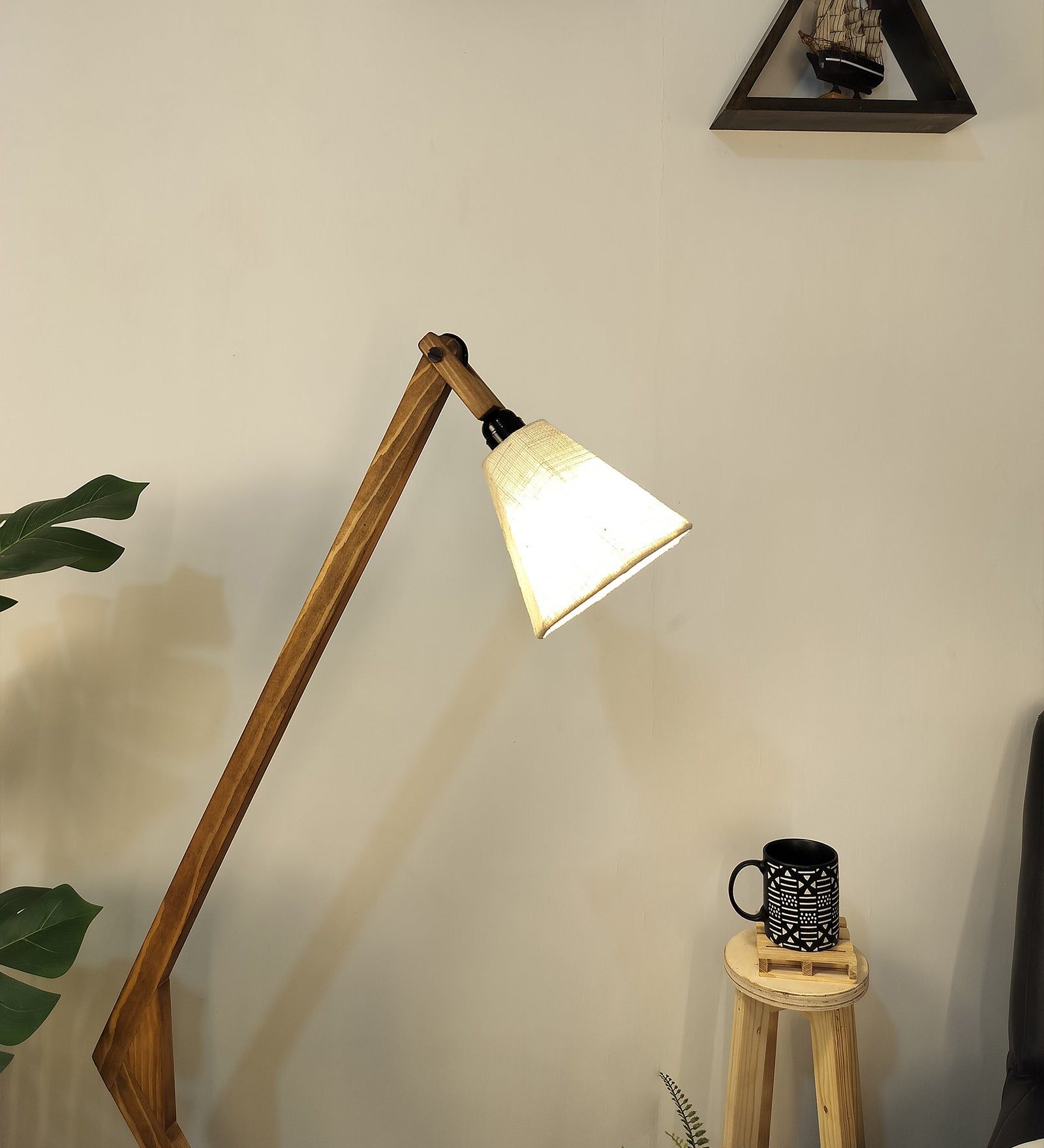 Emphasis Wooden Floor Lamp with Brown Base and Beige Fabric Lampshade (BULB NOT INCLUDED)