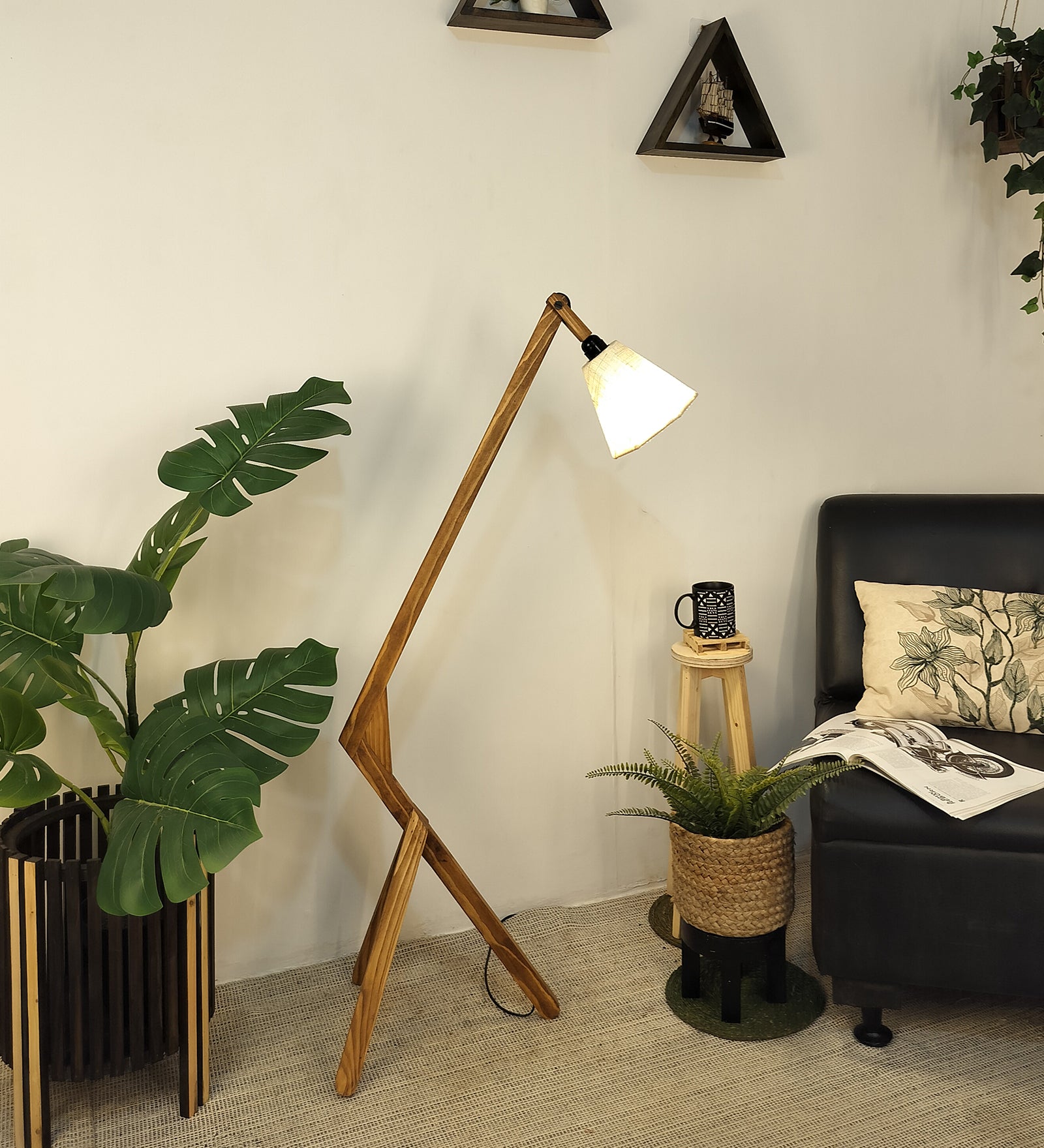 Emphasis Wooden Floor Lamp with Brown Base and Beige Fabric Lampshade (BULB NOT INCLUDED)