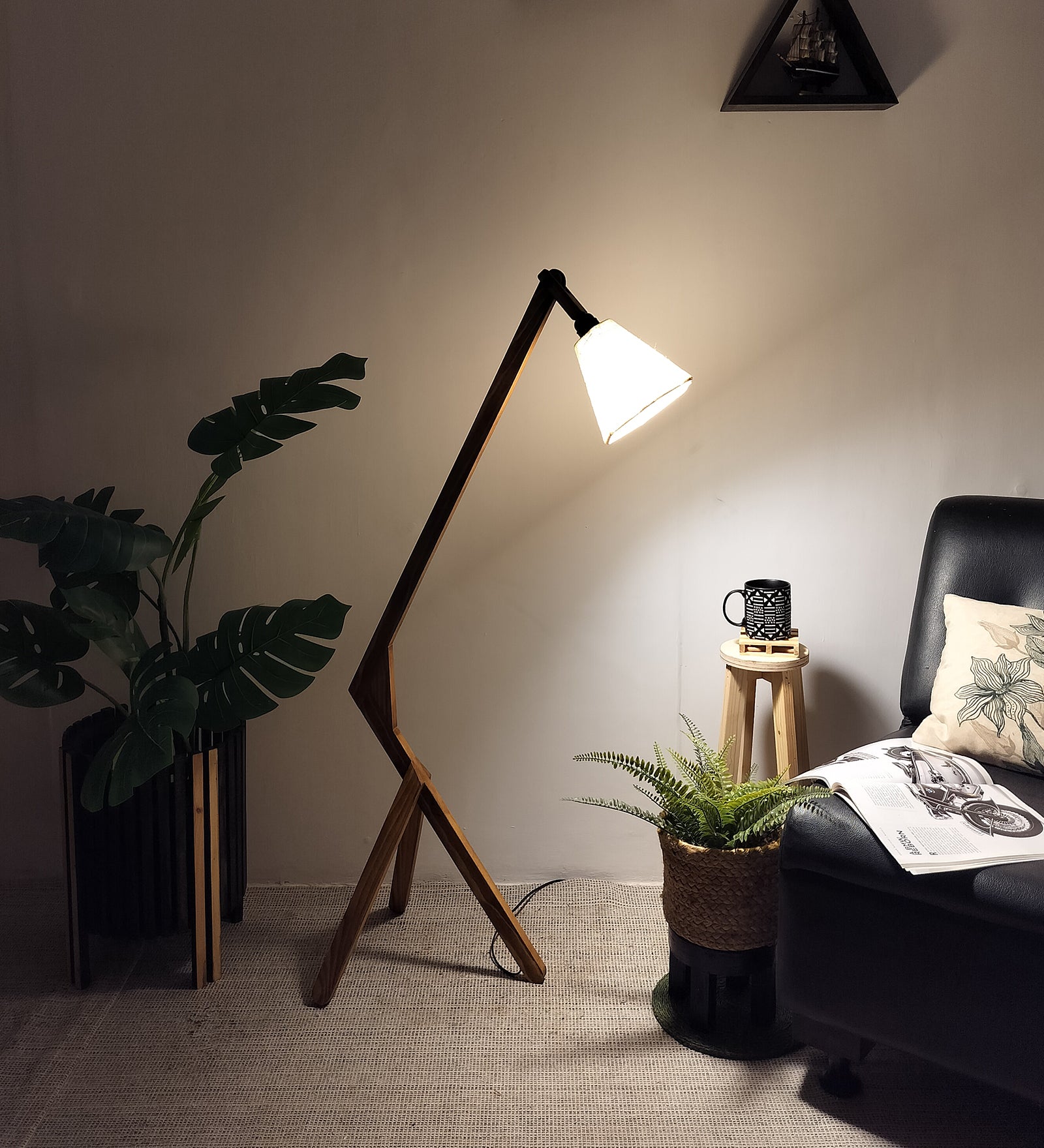 Emphasis Wooden Floor Lamp with Brown Base and Beige Fabric Lampshade (BULB NOT INCLUDED)