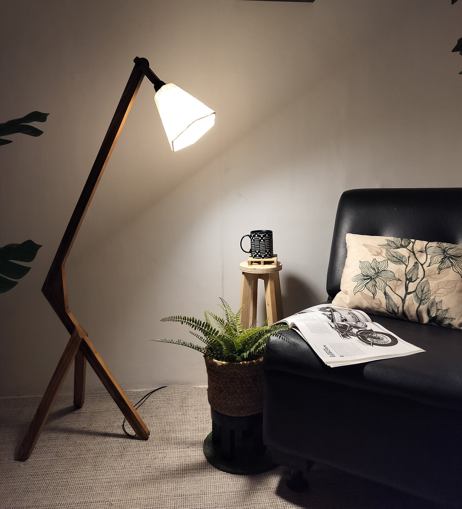 Emphasis Wooden Floor Lamp with Brown Base and Beige Fabric Lampshade (BULB NOT INCLUDED)