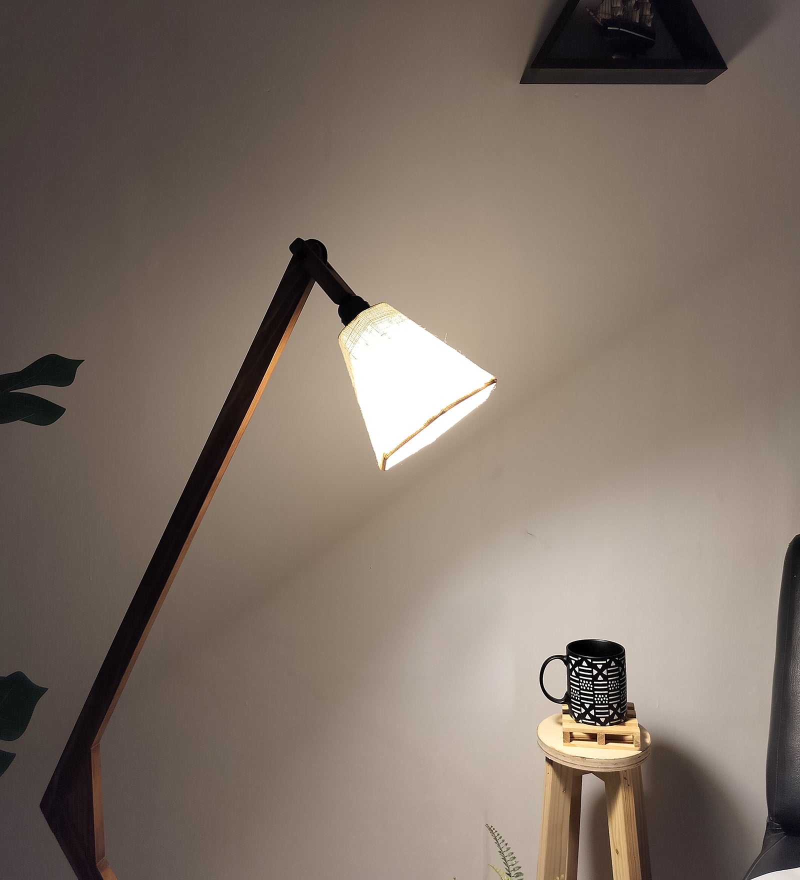 Emphasis Wooden Floor Lamp with Brown Base and Beige Fabric Lampshade