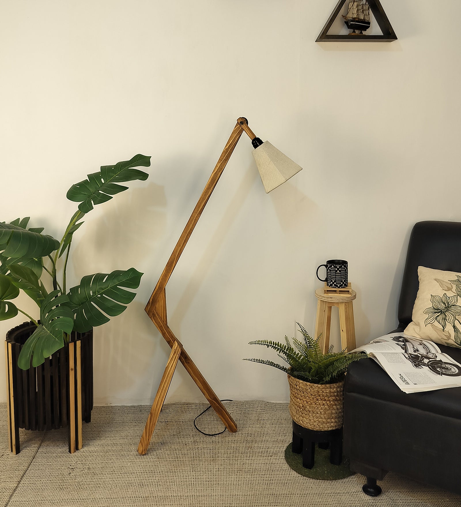 Emphasis Wooden Floor Lamp with Brown Base and Beige Fabric Lampshade (BULB NOT INCLUDED)