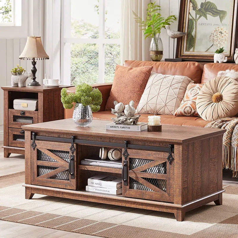 Farmhouse Coffee Table With Storage, Wood Living Room Table, Sliding Barn Door