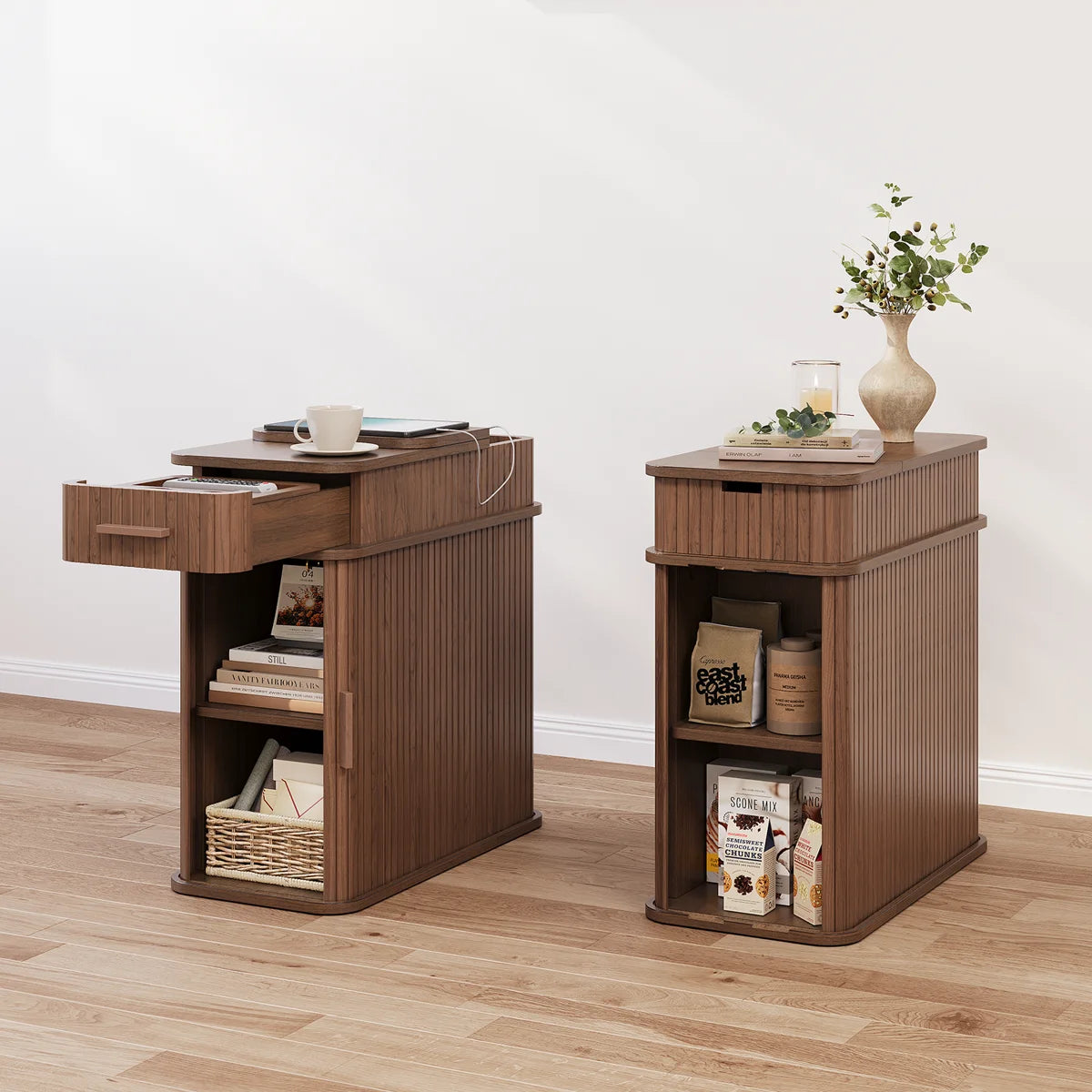 Ouch Cart Modern Wooden End Table with Charging Station & Storage Cabinet