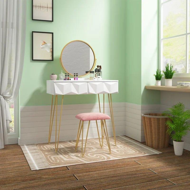 Armocity Vanity Desk with Mirror, Makeup Vanity with Stool, Vanity Table Set, Modern Dressing Table with 2 Storage Drawers for Bedroom, White - Ouch Cart 