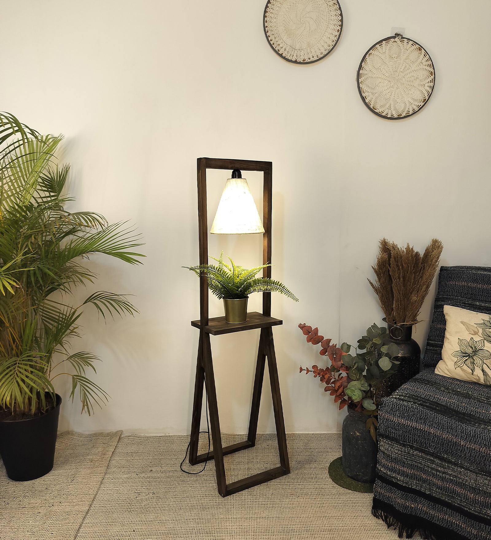 Euphoria Wooden Floor Lamp with Brown Base and Beige Fabric Lampshade (BULB NOT INCLUDED)