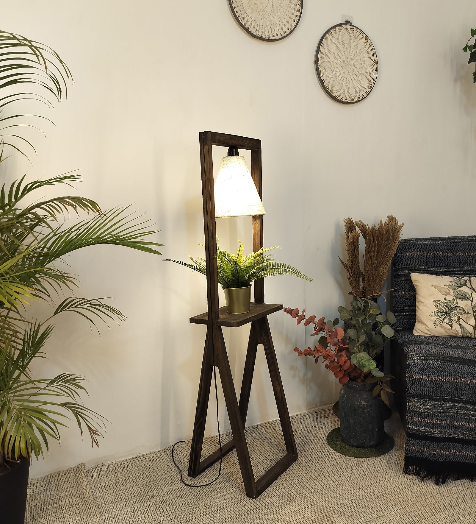 Euphoria Wooden Floor Lamp with Brown Base and Beige Fabric Lampshade (BULB NOT INCLUDED)