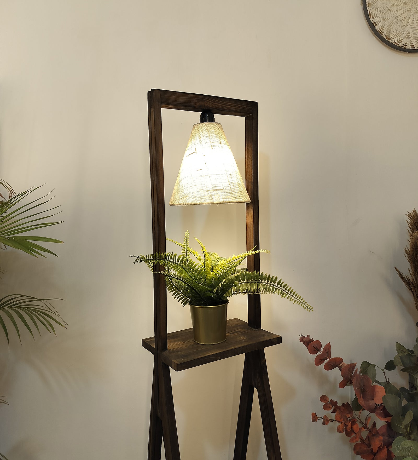 Euphoria Wooden Floor Lamp with Brown Base and Beige Fabric Lampshade (BULB NOT INCLUDED)