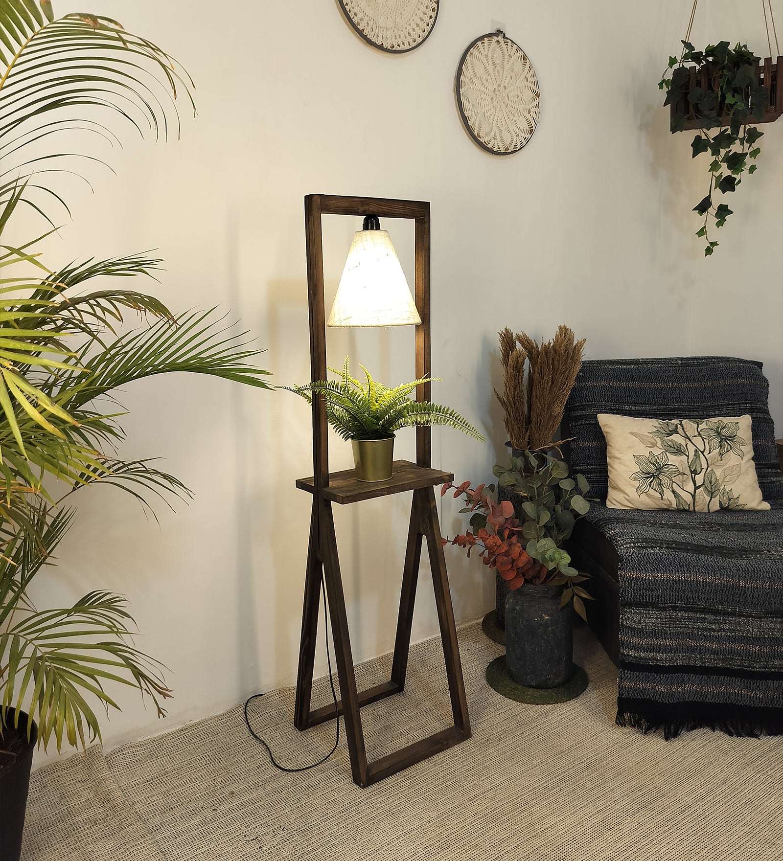 Euphoria Wooden Floor Lamp with Brown Base and Beige Fabric Lampshade (BULB NOT INCLUDED)