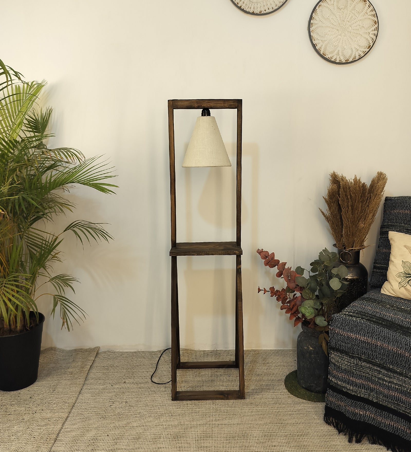 Euphoria Wooden Floor Lamp with Brown Base and Beige Fabric Lampshade (BULB NOT INCLUDED)