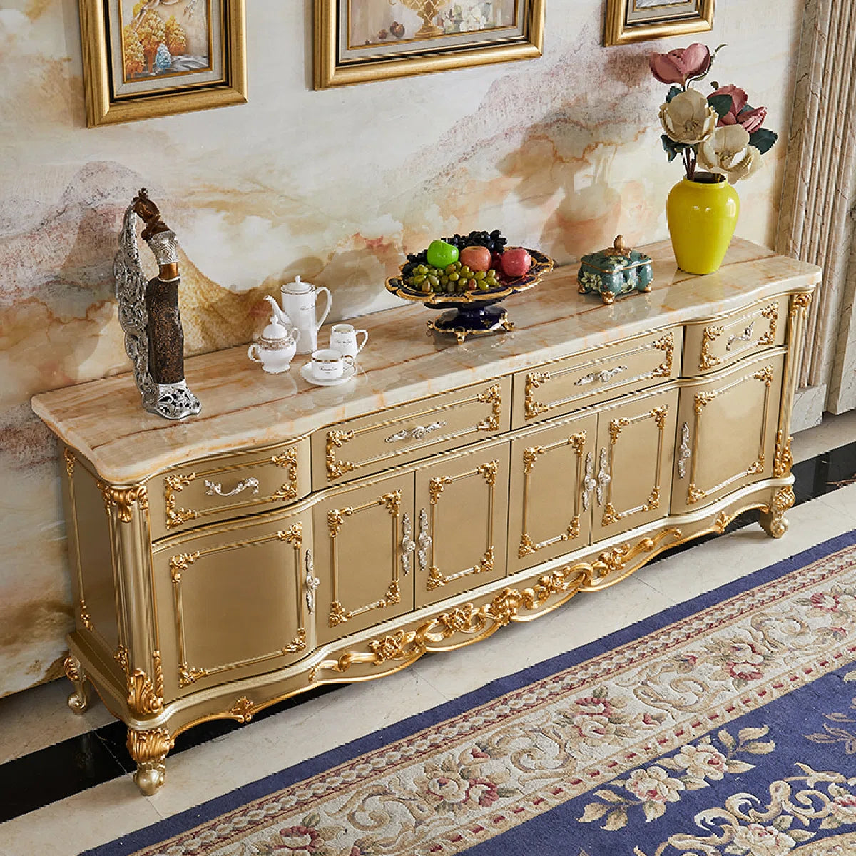European Style Solid Wood Carved Storage Cabinet