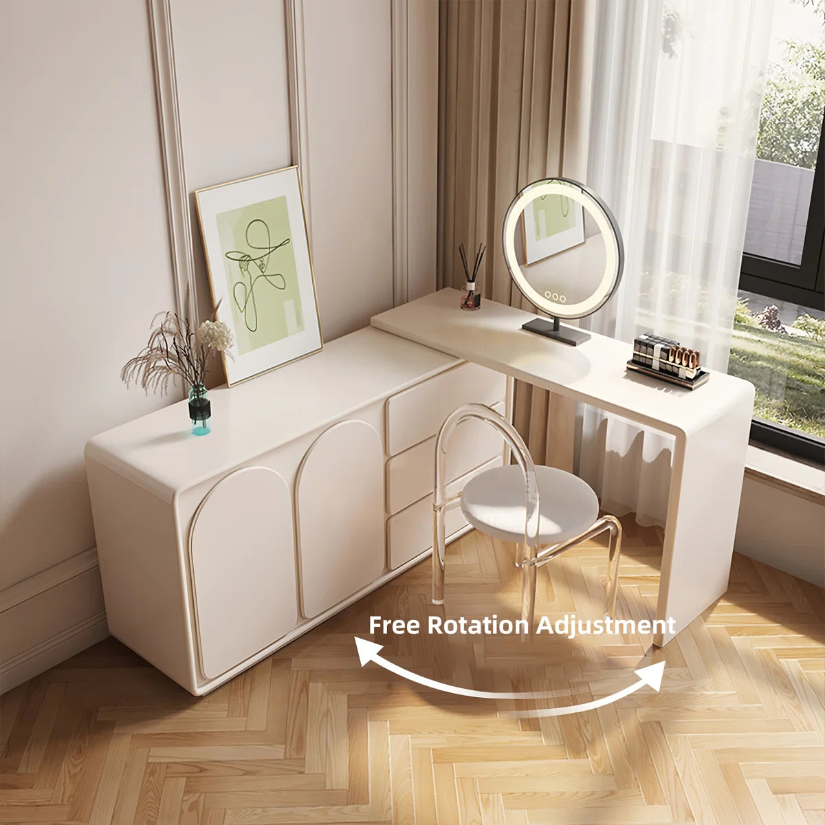 Cream White Expandable Makeup Vanity with Pre-Assembled Design & Storage