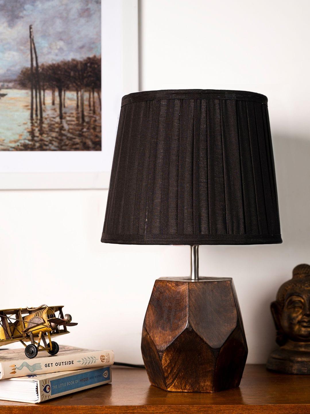 Wooden Hexa Lamp with Pleeted Cotton Black Shade - Ouch Cart 