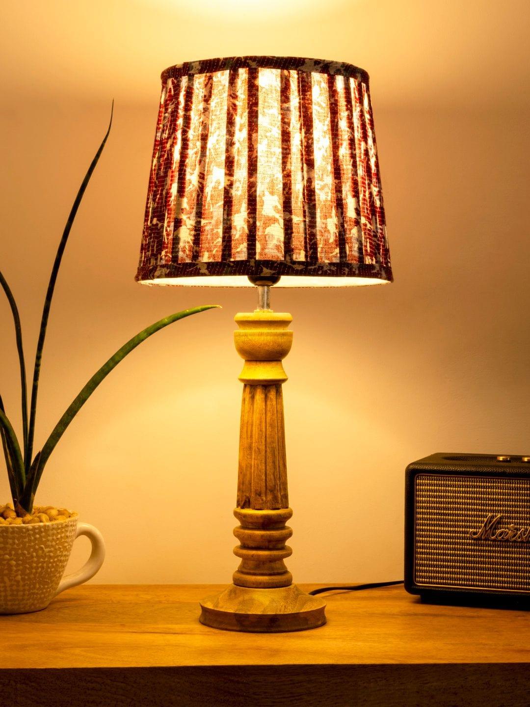 Wooden Pillar Brown lamp with pleeted Colorful Soft Shade - Ouch Cart 