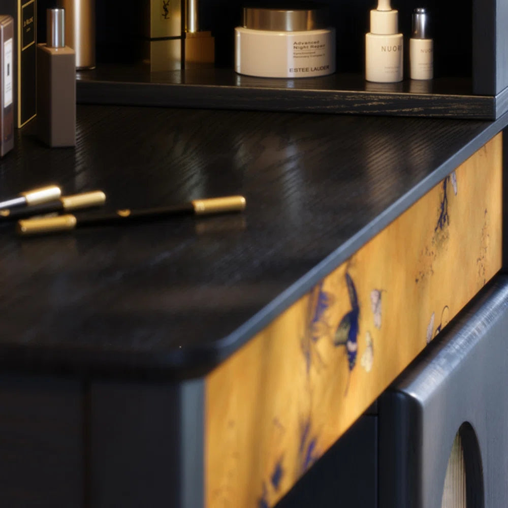 Black Vanity Table with Large Storage & Included Mirror – Solid + Engineered Wood