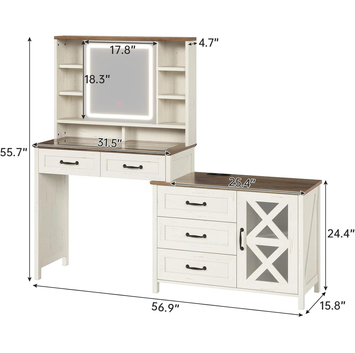 Modern Farmhouse Makeup Vanity Table with Glass Top, Lighted Mirror, Storage Drawers and Charging Station