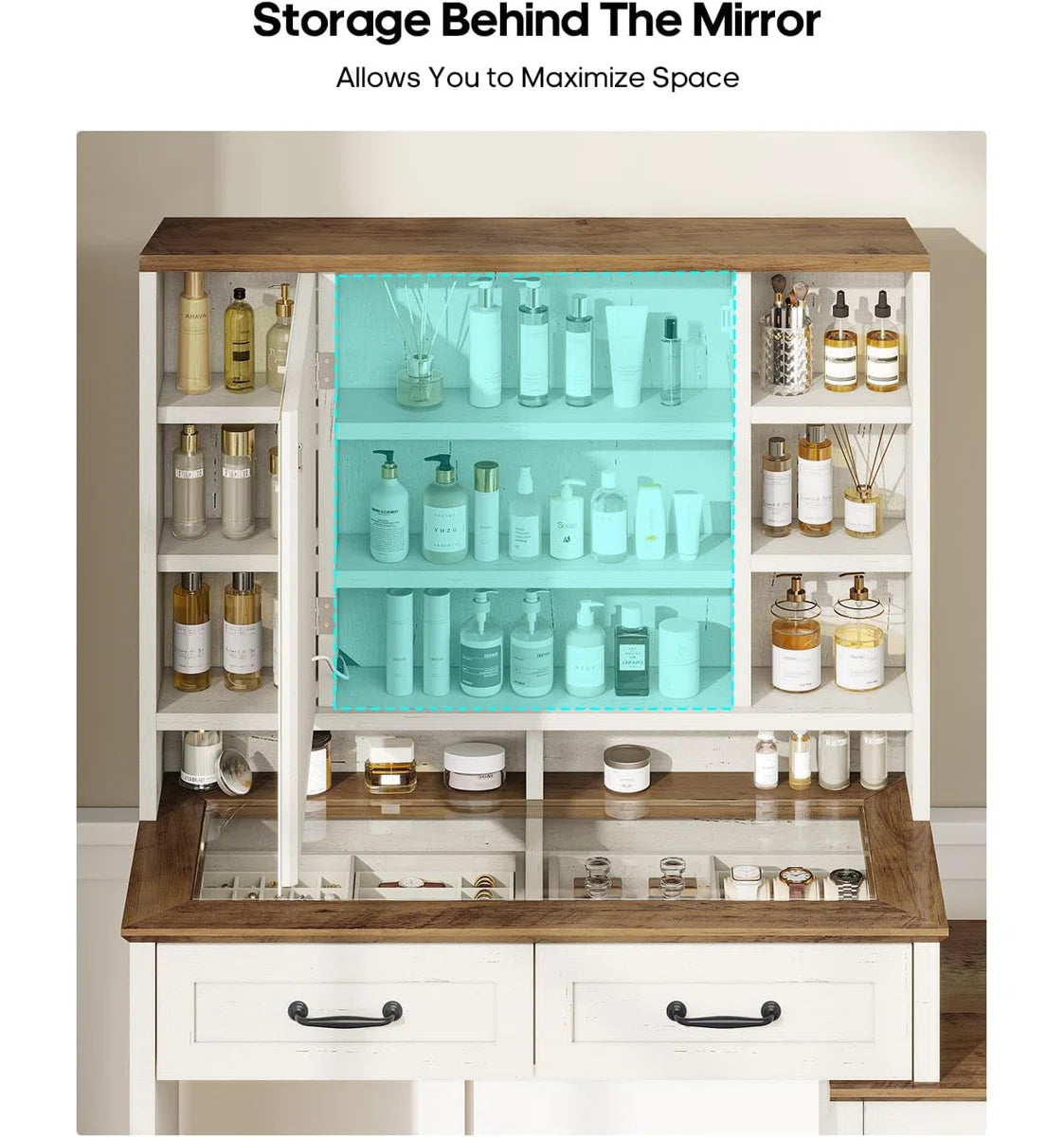 Modern Farmhouse Makeup Vanity Table with Glass Top, Lighted Mirror, Storage Drawers and Charging Station