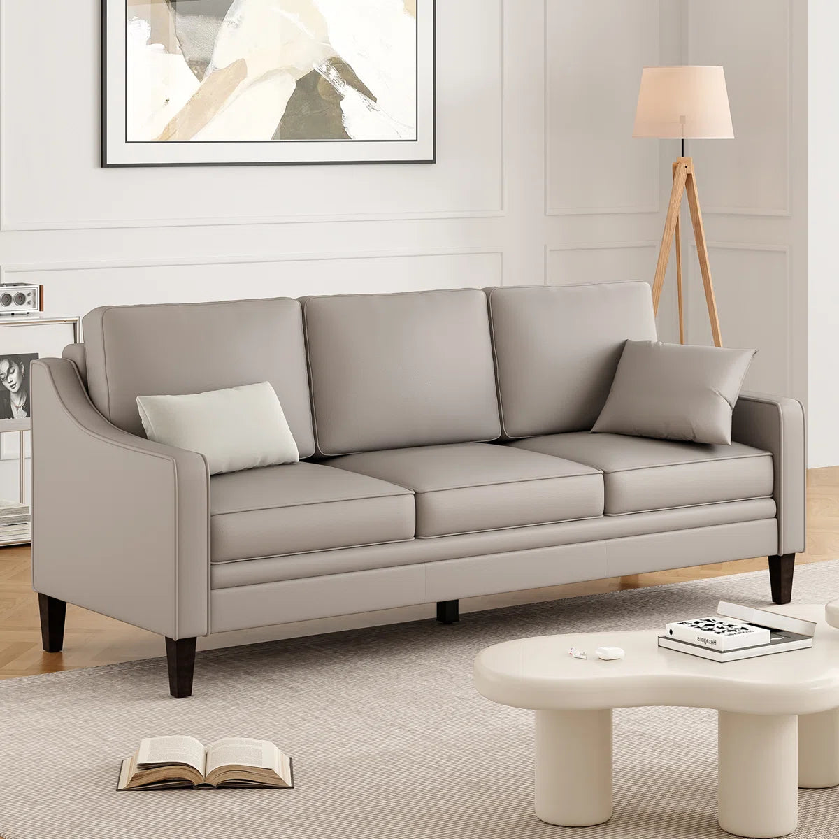 Modern 3-Seater Faux Leather Sofa with Curved Arms & Solid Wood Legs