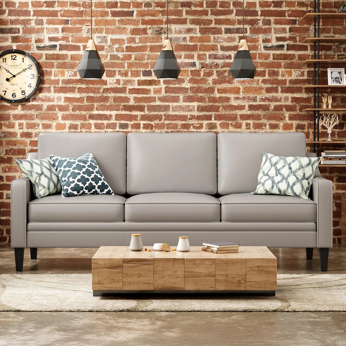 Modern 3-Seater Faux Leather Sofa with Curved Arms & Solid Wood Legs