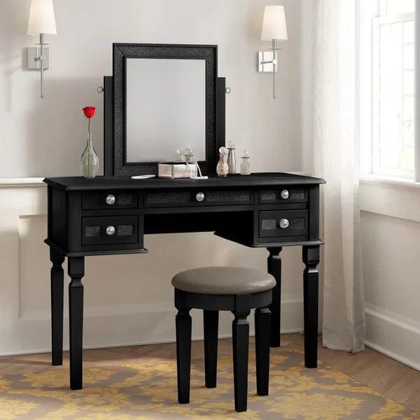 Tomasz Vanity dressing table with mirror with stool Stylish Corner Makeup Vanity Table, with Mirror and 5 Spacious Drawers, Bedroom Essential Dressing, Modern Minimalist Writing Desk for Girls - Ouch Cart 