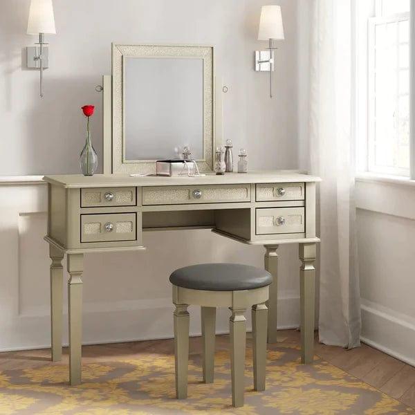 Tomasz Vanity dressing table with mirror with stool Stylish Corner Makeup Vanity Table, with Mirror and 5 Spacious Drawers, Bedroom Essential Dressing, Modern Minimalist Writing Desk for Girls - Ouch Cart 