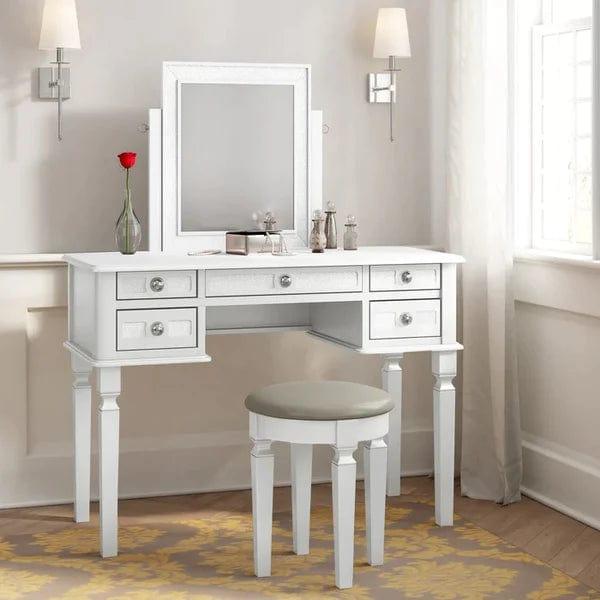 Tomasz Vanity dressing table with mirror with stool Stylish Corner Makeup Vanity Table, with Mirror and 5 Spacious Drawers, Bedroom Essential Dressing, Modern Minimalist Writing Desk for Girls - Ouch Cart 