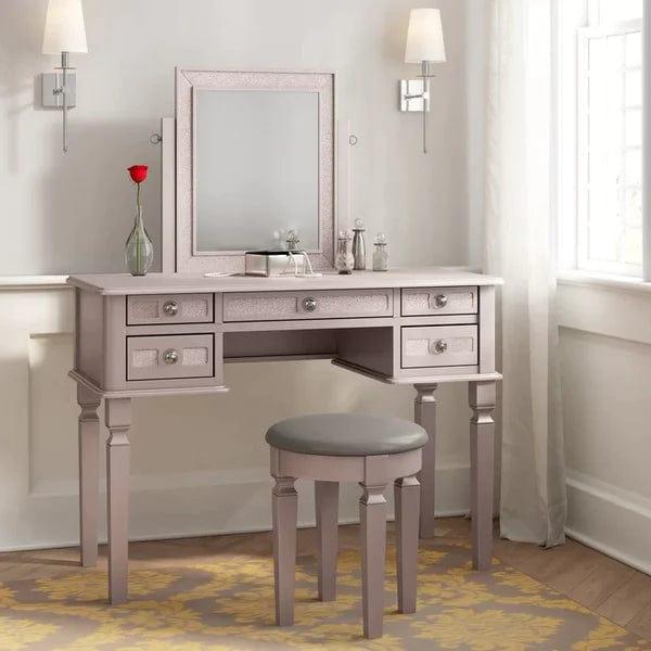 Tomasz Vanity dressing table with mirror with stool Stylish Corner Makeup Vanity Table, with Mirror and 5 Spacious Drawers, Bedroom Essential Dressing, Modern Minimalist Writing Desk for Girls - Ouch Cart 