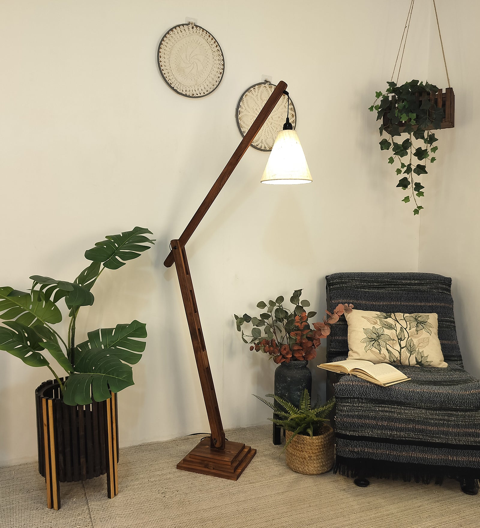 Fisher Wooden Floor Lamp with Brown Base and Jute Fabric Lampshade (BULB NOT INCLUDED)