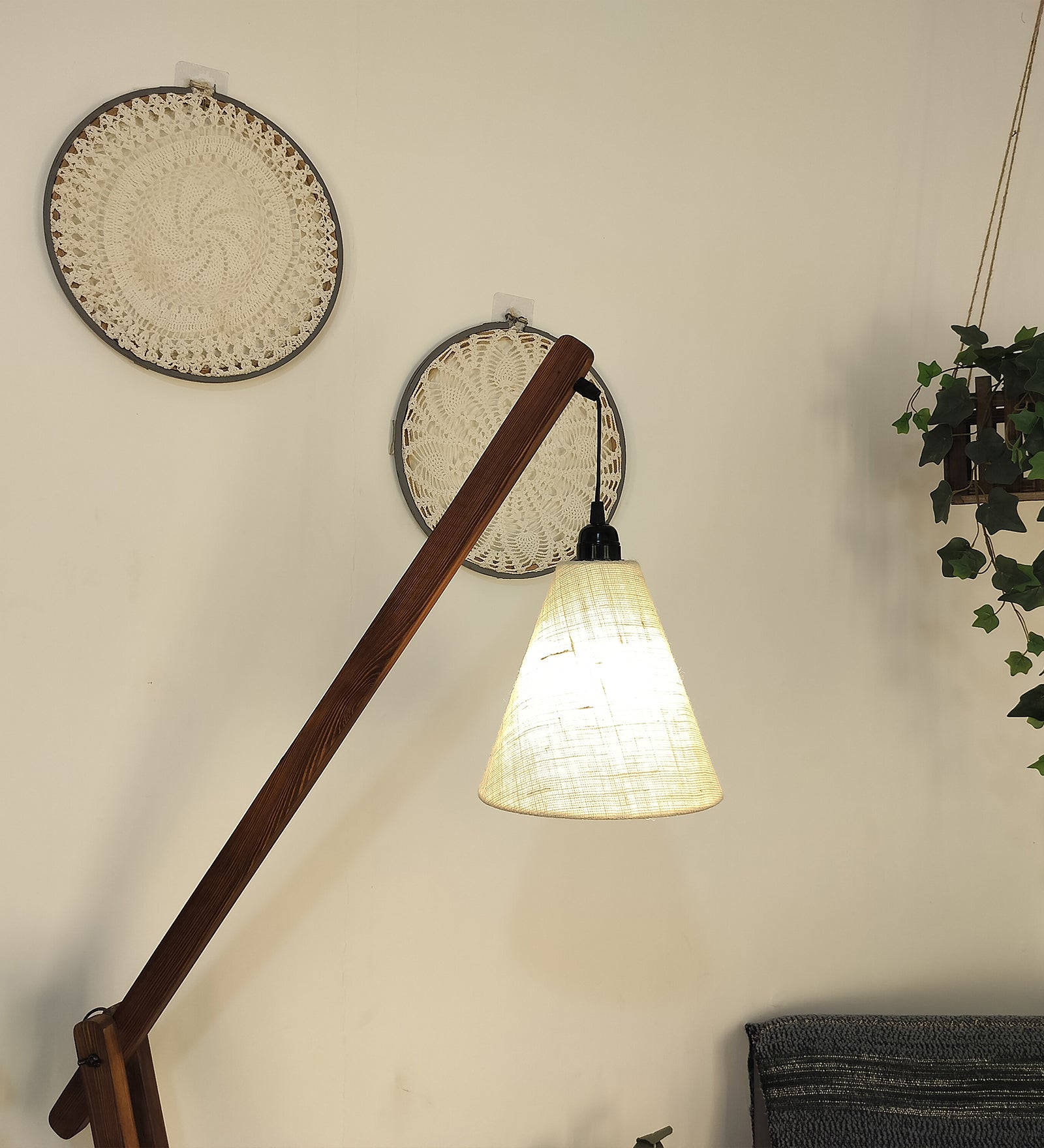 Fisher Wooden Floor Lamp with Brown Base and Jute Fabric Lampshade (BULB NOT INCLUDED)