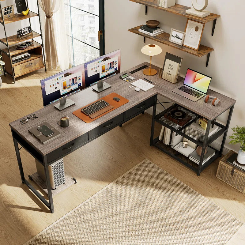 Computer L Shaped Desk with Power Outlets,Writing Desk with Two Metal Shelves and One Wooden Shelf,Gaming Desk with Drawers