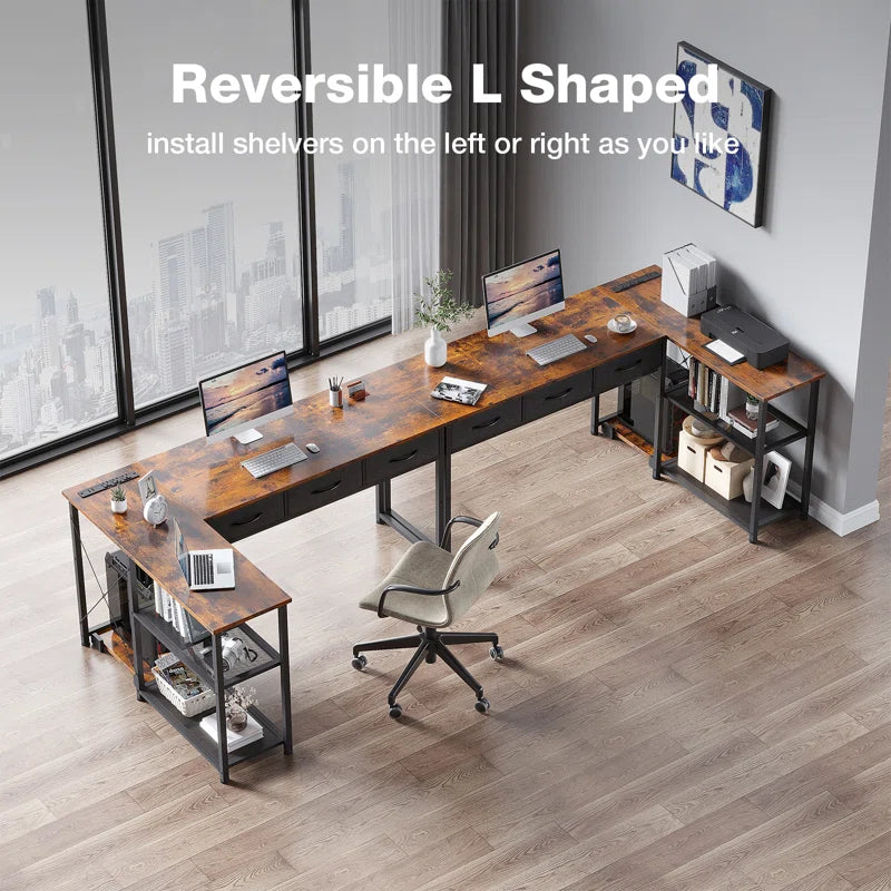 Computer L Shaped Desk with Power Outlets,Writing Desk with Two Metal Shelves and One Wooden Shelf,Gaming Desk with Drawers