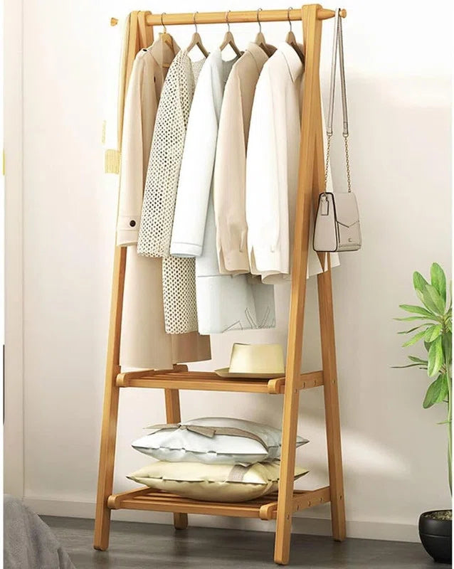 Wooden Garment Stand with 2 Storage Shelves