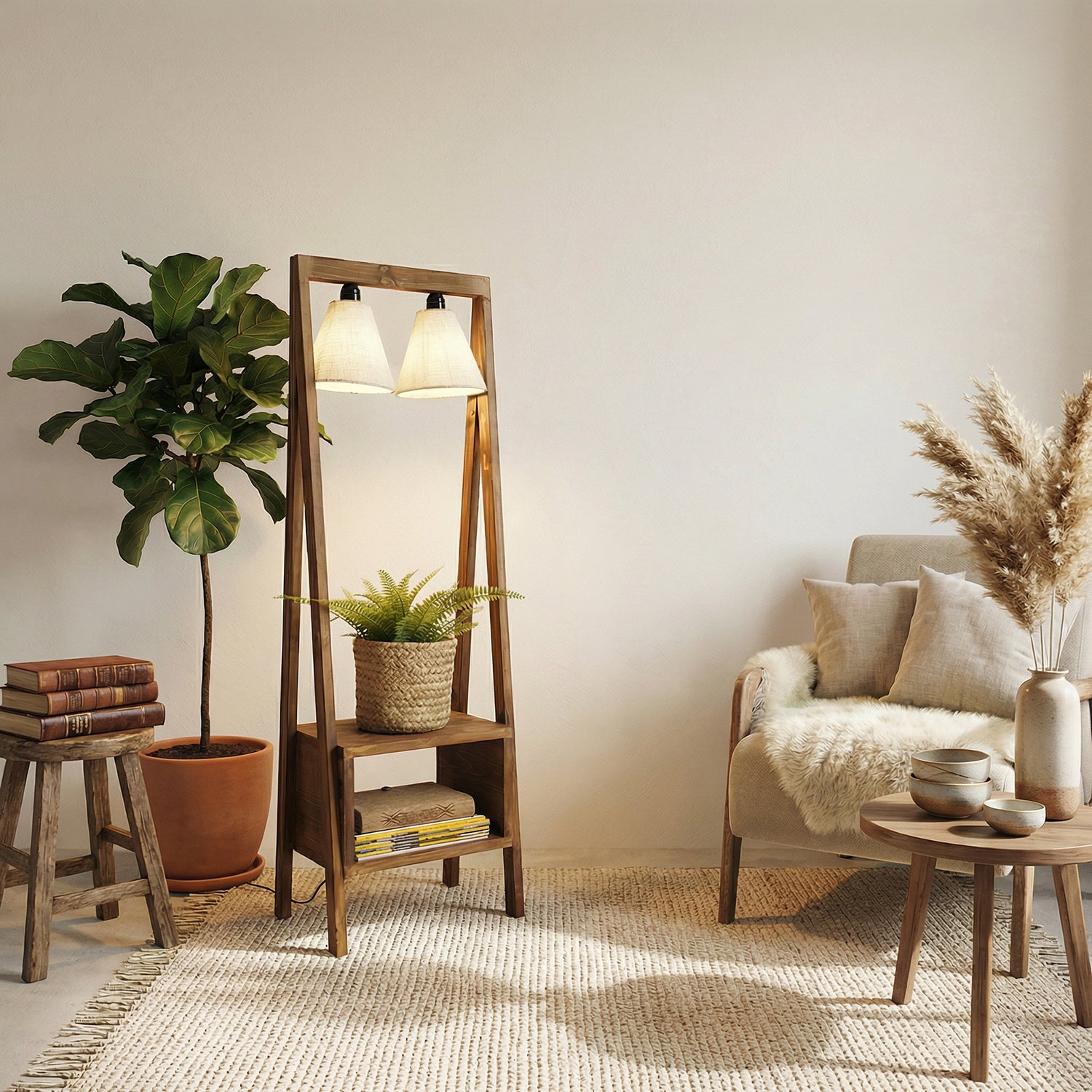 Francis Wooden Floor Lamp with Brown Base and Jute Fabric Lampshade (BULB NOT INCLUDED)